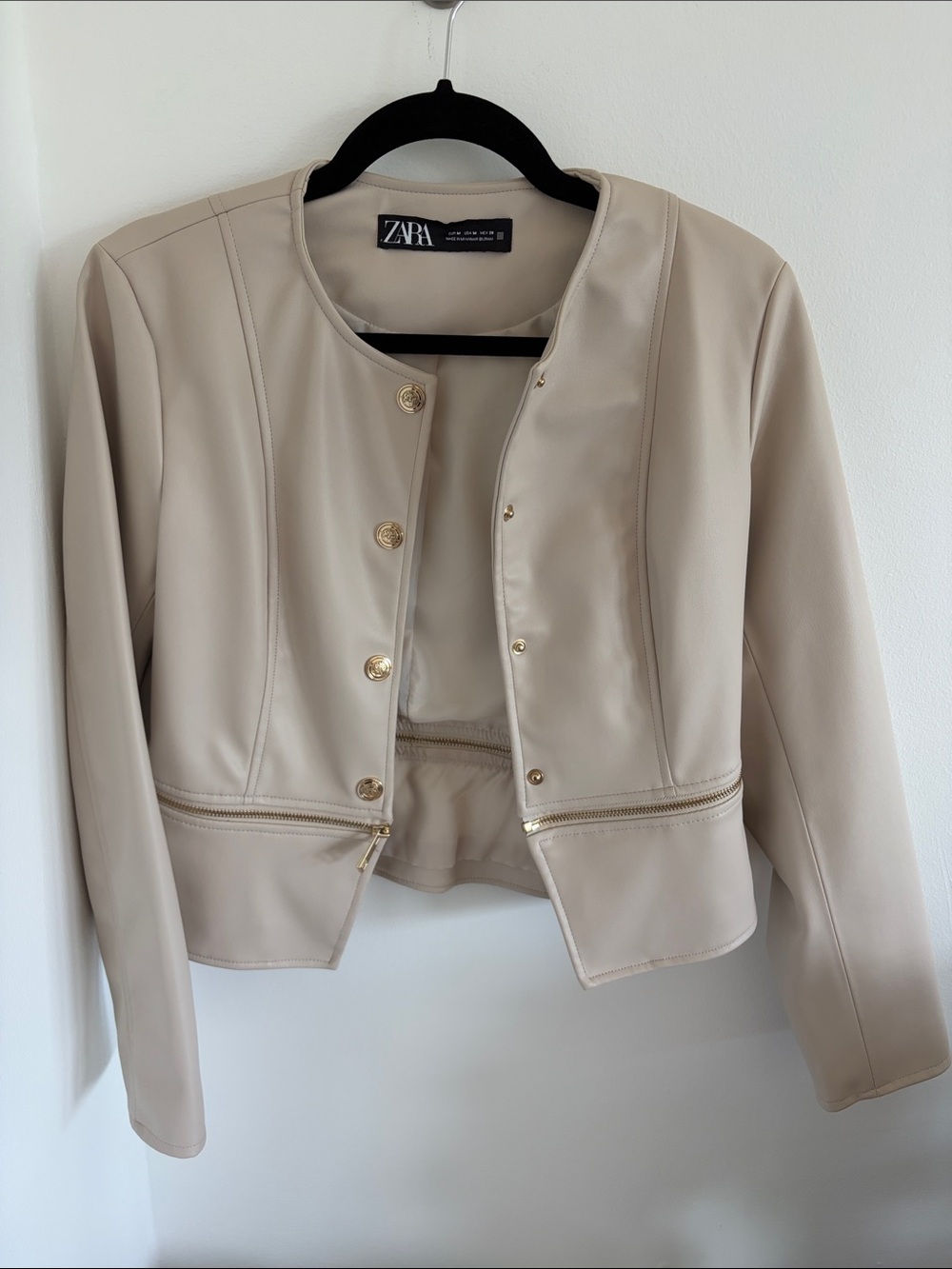 ZARA faux leather Beige Collarless Blazer with Gold snap buttons